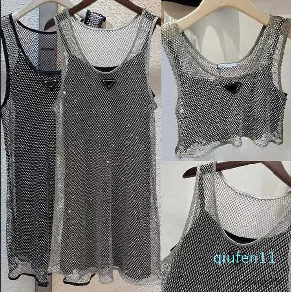 Vestidos casuales básicos Vestido de mujer sin mangas a la moda Vestido de tirantes de satén negro ahuecado Vestido de chaleco hueco brillante de diamantes de imitación 2pcs Conjunto Sujetador de mezclilla Tops Tamaño S-L