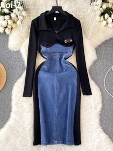 Robes décontractées de base Mode Spice Girl Style Robe Femmes 2023 Automne Hiver Haute Qualité Faux Deux Pièces Denim Couture Slim-Fit Casual Longue JupeC24315