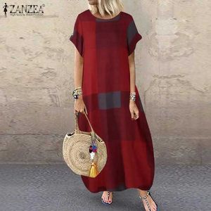 Basis Casual jurken mode zomer check maxi jurk zanzea 2023 dames flaggy sundress casual korte slve vestidos vrouwelijke plaid gewaad t240510