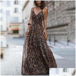 Vestidos casuales básicos Moda Y Vestido Leopardo con cuello en V Sling Maxi Mujeres Verano Sin mangas Gasa Playa Túnica larga Tops Drop Entrega A DHS7O