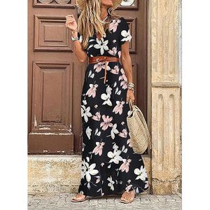 Standaard Vrijetijdsjurken Modieus Bohémien Print Dres Elegant V-hals Korte mouw Riem Brede zoom Strand Lang Sexy Hoge split Maxi 230701