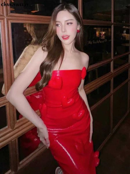 Vestidos casuales básicos de moda rojo 3D amor charol midi vestido para mujer elegante sin mangas sin respaldo ajustado ajuste para mujer moda fiesta chaleco J240222