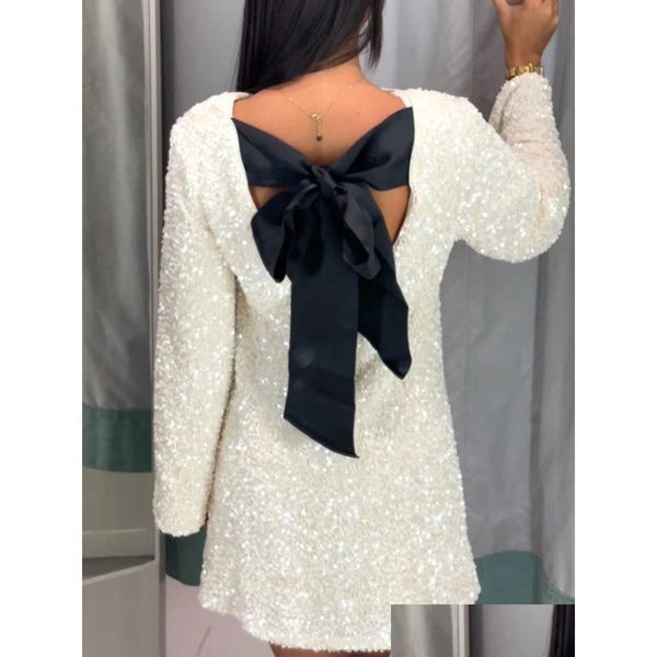 Robes décontractées de base à la mode paillettes brillantes mini-femmes portent une arc à manches longues Unique Jupe courte élégante robe de soirée de vacances pa dhiu8