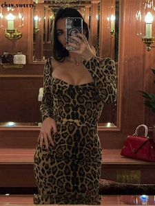 Robes décontractées de base À la mode encolure carrée imprimé léopard jupe longue pour femme élégante à manches longues taille haute vêtements ajustés pour femmes unique J240224