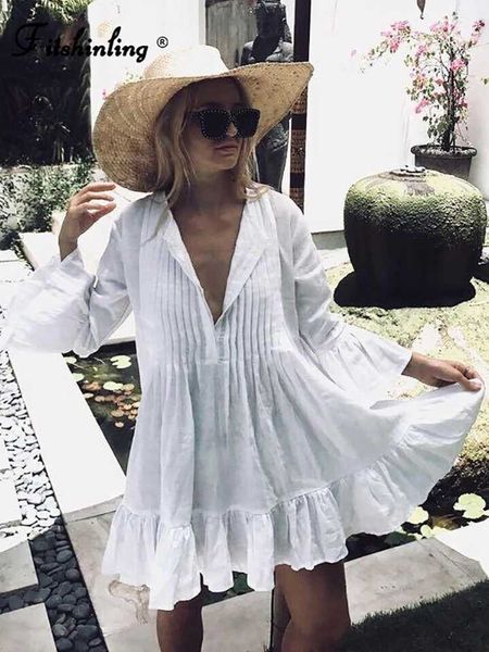 Robes décontractées de base Fitshinling Pleed Party Robe Dance Wear Female 2024 Flare Slve Pareos Sexy Hot Ruffles Robes courtes blanches Femmes Come T240508