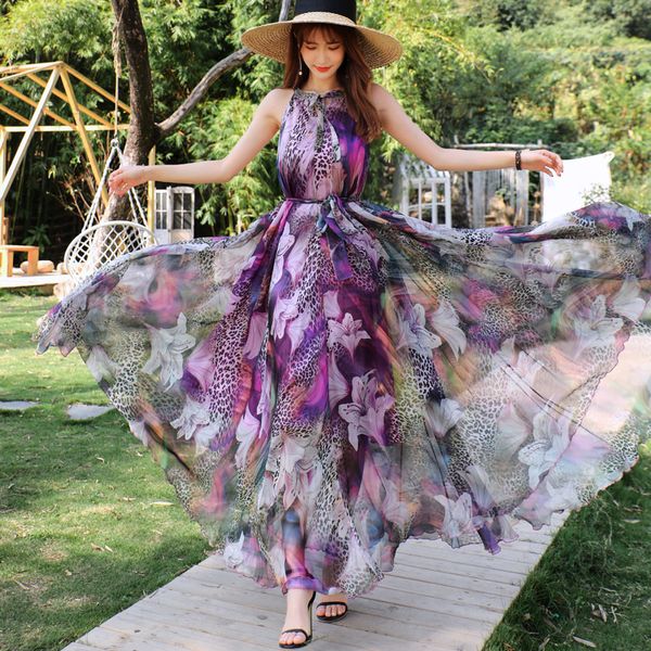 Vestidos casuales básicos Floral Summer Sleevelss Suspender Maxi Dress para mujeres Sexy Backless Beach Purple Boho Robe Femme Sundress Dress Po 230620