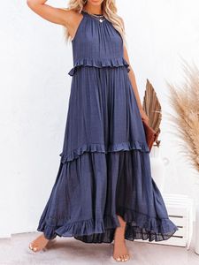 Robes décontractées de base Foridol volants bleu marine A-ligne lâche décontracté Maxi longue été femmes Robe licou sans manches Robe fête Vestidos 230615