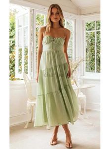 Basic Casual Jurken Foridol Smocked Summer Beach Maxi Dress Women Spaghetti Riem A-Line Lange Holiday Sundress 2024 Spring Boho Chic Green Vestidos 240419