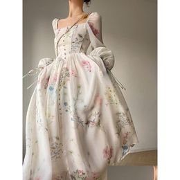 Robes décontractées de base Français élégant floral midi robe mousseline de mousseline longue soirée manches longues femme plage fée coréenne 2023 Drop d'été dh1a2