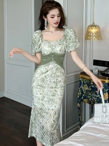 Vestidos casuales básicos Vestidos midi verdes dulces franceses para mujer Manga de burbuja Tull Gasa Bordado Encaje exquisito Robe Femme Fiesta Banquete Vestidos 2024