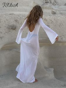 Robes décontractées basiques FSDA Maxi à manches longues femmes robe dos nu Club voir à travers maille été Sexy fête robes de plage moulante décontracté 230517