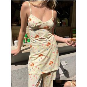 Basis Casual jurken Gaono schattige vrouwen zomer mini jurk slaapkleding mouwloze backless v nek fruit stberraf print nachthemd nachthemd dhlpj