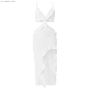 Robes décontractées de base Gaono Femmes Summer Cocktail Fited Robe White Slveless Irregular Ruffle Hollow Party Robe Clubwear Y2K Strtwear 1 T240415