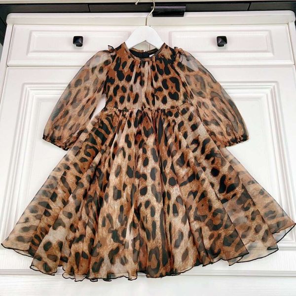 Vestidos casuales básicos Patrón de leopardo de niñas Vestido de manga larga hecha de algodón de seda pura, simple elegante