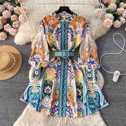 Robes décontractées de base Magnifique fleur floraison mini robe femmes col montant lanterne boutons Slve imprimé floral ceinture à lacets vacances plage robes T240330