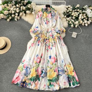 Robes décontractées de base Magnifique fleur floraison Maxi robe femmes Stand lanterne manches simple boutonnage imprimé fleuri ceinture à lacets lin longue robe 2024