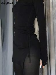 Basic Casual Jurken Goth Dark Mall Gothic Bodycon-jurk met trekkoord Dames Mini-jurken Y2K Punk Zwart Split Sexy jurk met lange mouwen Grunge Basic Feestkleding 230831