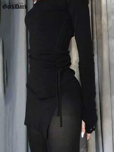 Basic Casual Jurken Goth Dark Mall Gothic Trekkoord Bodycon Dames Mini-jurken Y2k Punk Zwart Split Sexy Lange Mouw Jurk Grunge Basic Feestkleding LST230904