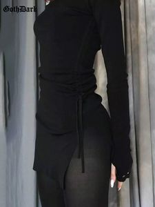 Basic Casual Jurken Goth Dark Mall Gothic Bodycon-jurk met trekkoord Dames Mini-jurken Y2K Punk Zwart Split Sexy jurk met lange mouwen Grunge Basic Feestkleding 230926