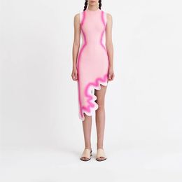 Basic Casual Dresses Gradient Onregelmatige Y2K Wave Edge Knaps Summer Seksuele High Taille Slim Pink Mouwess Pakket Hip Dames 230615