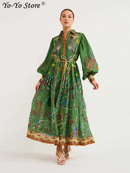 Robes décontractées de base Oiseaux verts fleur imprimé robe midi femmes avec ceinture longue lanterne manches grande balançoire élégante robe simple boutonnage lâche robe T230825