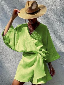 Robes décontractées de base robe verte été femmes 2023 lâche respirant coton lin Wrap court col en V manches plage hawaïenne 230721