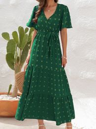Vestidos casuales básicos Vestido largo verde Mujer Verano Elegante Jacquard Mujer Boho Beach Loose Maxi manga corta con cordones Robe Longue 230625