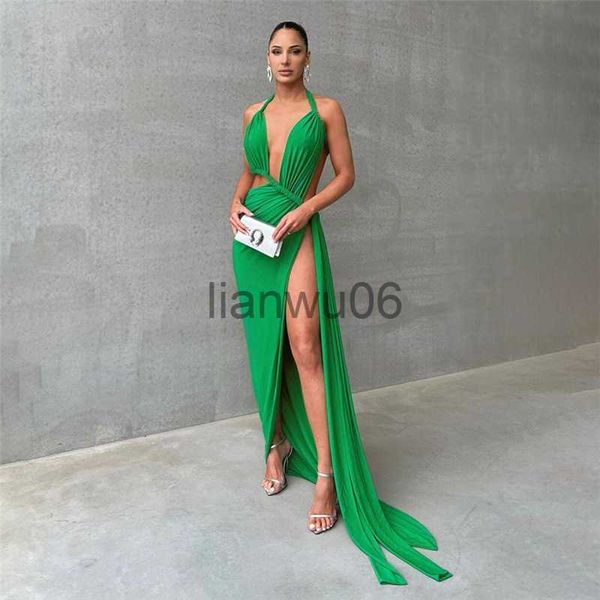 Grundlegende Freizeitkleider Gtpdpllt Elegante grüne lange Abendkleider für Frauen 2023 Sexy Neckholder Split Maxikleid Hochzeitsgast Party Festival Outfits J2308009