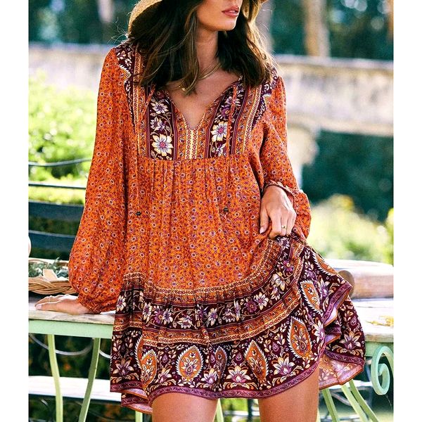 Vestidos casuales básicos GypsyLady Floral Vintage Mini vestido Otoño Bohemio Vestido de fiesta para mujer Manga larga Hippie con cordones Cuello en V Sexy Vestido plisado para niñas 230724