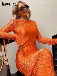 Robes décontractées de base Hawthaw Femmes Mode Manches longues Streetwear Moulante Orange Robe Midi Vêtements d'automne Articles en gros pour les affaires 231005