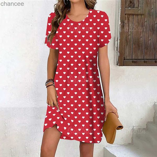 Vestidos casuales básicos Vestido de mujer con estampado de corazón 2023 Vestido elegante para mujer Moda de verano Costura O-cuello suelto Vacaciones Señoras Vestidos midi sexy LST230904