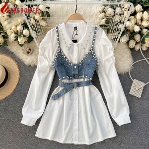 Basic Casual Jurken HighEnd Witte Shirtjurk Dames Revers Diamant Parel Luxe Shirt Kort Denim Vest Chique Tweedelige Sets Damesmode 230705