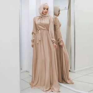 Basic Casual Jurken Hijab Satijnen Jurk Ramadan Moslim Mode Gordel Abaya Dubai Turkije Arabisch Afrikaanse Maxi Jurken voor Vrouwen Islam Kleding Gewaden 230613