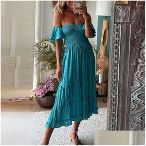 Basic Casual Jurken Vakantie Boho Maxi Jurk Dames Off Shoder Ruglooze Flare Mouw Bloemenprint Hoge Taille Feest Dames Swing Ves Dhtqg