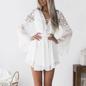 Robes Décontractées Basiques Évider Robe Blanche Sexy Femmes Mini Mousseline De Soie Semi-Transparente Robe À Carreaux Plongeant Col En V À Manches Longues Crochet Dentelle Robe Noir 230519