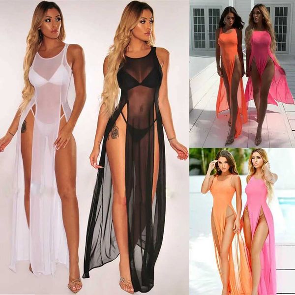 Robes décontractées de base Vente chaude Femmes sexy Mesh Shr Long Robe Maxi Robe en soirée Robes de plage Bikini couverture de Bikini S-Through Tulle T240505