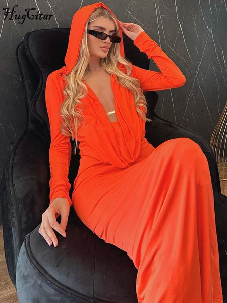 Robes décontractées basiques Hugcitar à capuche col en V avec slip transparent à manches longues solide Sexy Slim Maxi robe 2023 été femmes mode Y2K Party Club 230701