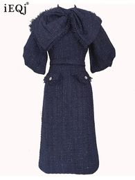 Robes décontractées de base IEQJ Bownot Pildel Splicced Splicced Puff Sleeve Tweed for Women Vintage Elegant High Wiston Slim Robe 2023 Vêtements 3WQ7259 231031