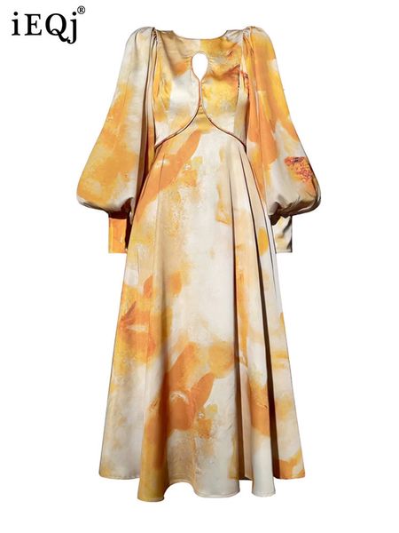 Robes décontractées de base IEQJ évider robes élégantes pour les femmes d'été conception d'impression à manches longues décontracté robe mi-longue vêtements féminins 3W3746 230520