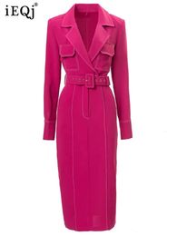 Robes décontractées de base IEQJ col à revers à manches longues fendu rose crayon rouge pour les femmes taille haute ceinture robe mince bureau dame vêtements 3WQ8357 231031