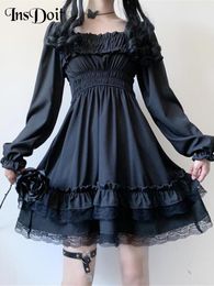 Basic Casual Jurken InsDoit Lolita Gothic Zwart Korset Jurk Vrouwen Vintage Kant Patchwork Ruches Esthetische Hoge Taille Jurk Punk Party A-LINE Jurk 230614