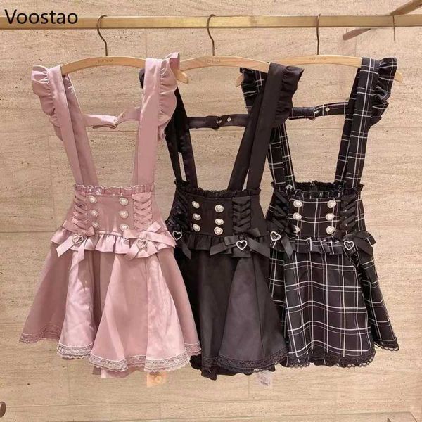 Vestidos casuales básicos japoneses góticos lolita cinta arco diamante perla hebilla extraíble falda de suspensión corta niñas