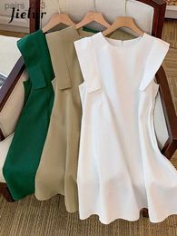 Robes décontractées de base Jielur été nouvelle couleur unie mince élégant dames femmes robe blanc vert café col rond en mousseline de soie femme YQ231025