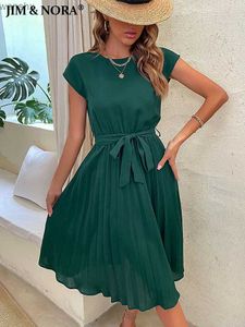 Basic casual jurken Jim Nora Elegante vrouwen Zomer Casual Beach Sundress Kort Mouw Midi Jurk Soild Color O Hek Jurken Fashionl2404