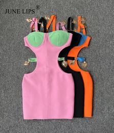 Robes décontractées basiques JUNE LIPS Hiver Femmes Sexy Rose Noir Orange Évider Bandage Mini Robe Soirée Celebrity Club Robe De Soirée 230802