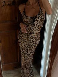 Vestidos casuales básicos JusaHy Mujeres Nuevo Y2K Elegante Vestido largo con estampado de leopardo Sin espalda Apretado Correa de hombro de espagueti italiano Encaje Slim Fit Vintage Robe 2023 Q240322