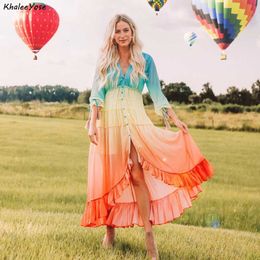 Basic Casual Jurken Khalee Yose Regenboog Maxi-jurk Zomervakantie HOGE LAGE JURK Tassles Chiffon Lange mouw Ruffle Trim Vrouwen Jurk Vrouwelijke Vestidos 230719