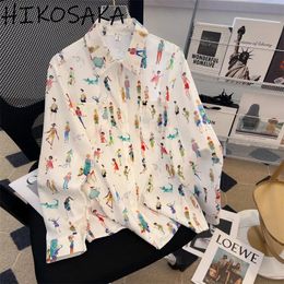 Basic Casual Jurken Komiyama Cartoon Print Blusas Mujer Kraagvorm Shirts met lange mouwen Blouses Single Breasted Camisas Los overhemd Tops 231202