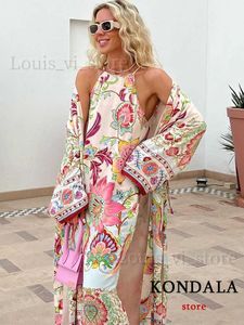 Kondala Strandstijl Bloemenprint Lange Cami-jurk Vrouwen Recht Satijn Sexy Vakantiejurk Mode 2023 Vintage Kimono-jurk T240221