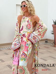 Robes décontractées basiques KONDALA Beach Style Flower Print Long Cami Dres Straight Satin Sexy Holiday Fashion 2023 Vintage Kimono 230718
